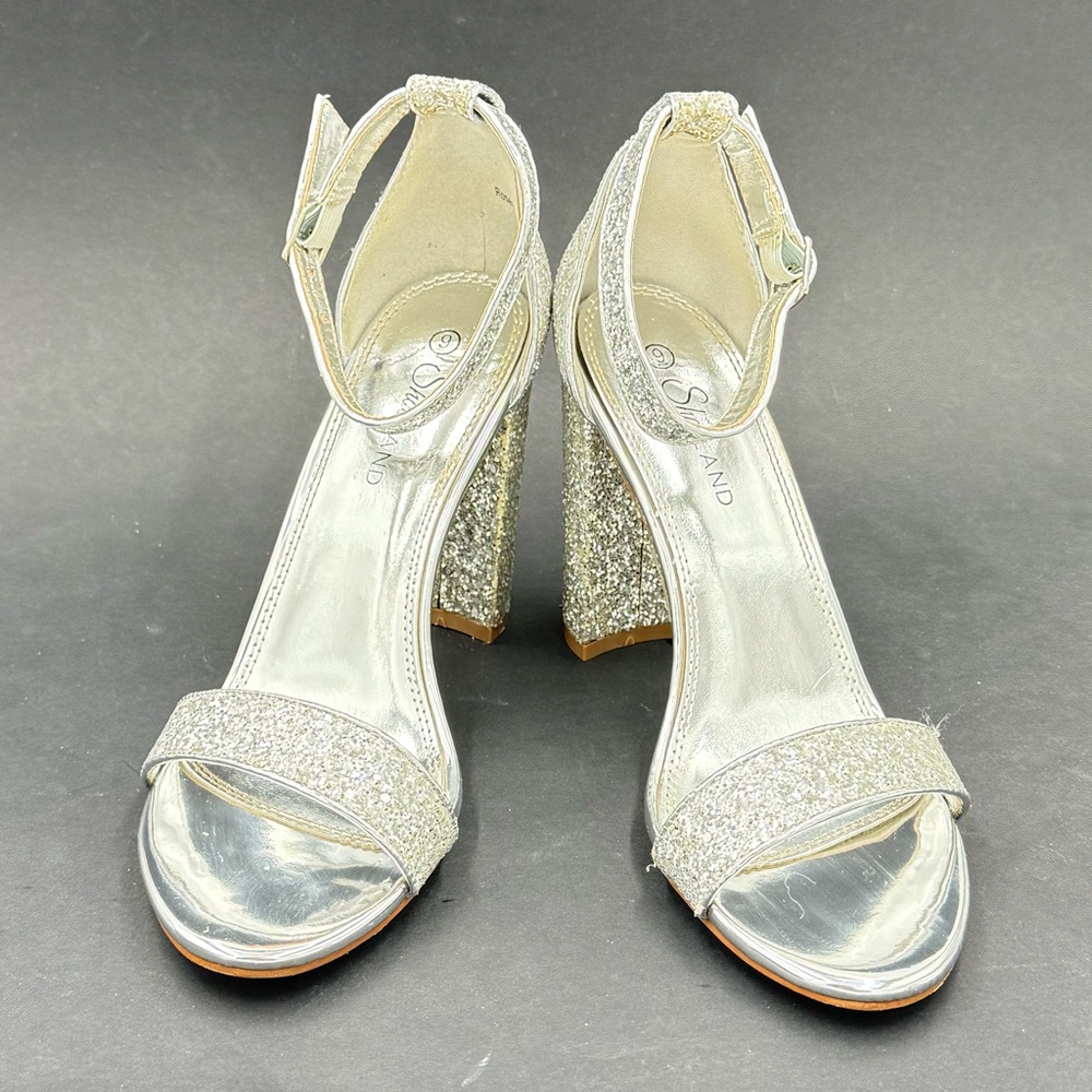 Shoe Land Rosemmina Silver Glitter Block Heel Sandals Size 9